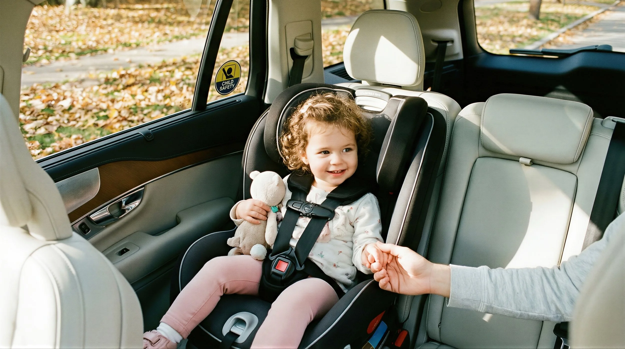 A young girl sitting in a child car seat inside a vehicle, holding a stuffed animal, with a person reaching hand to her.