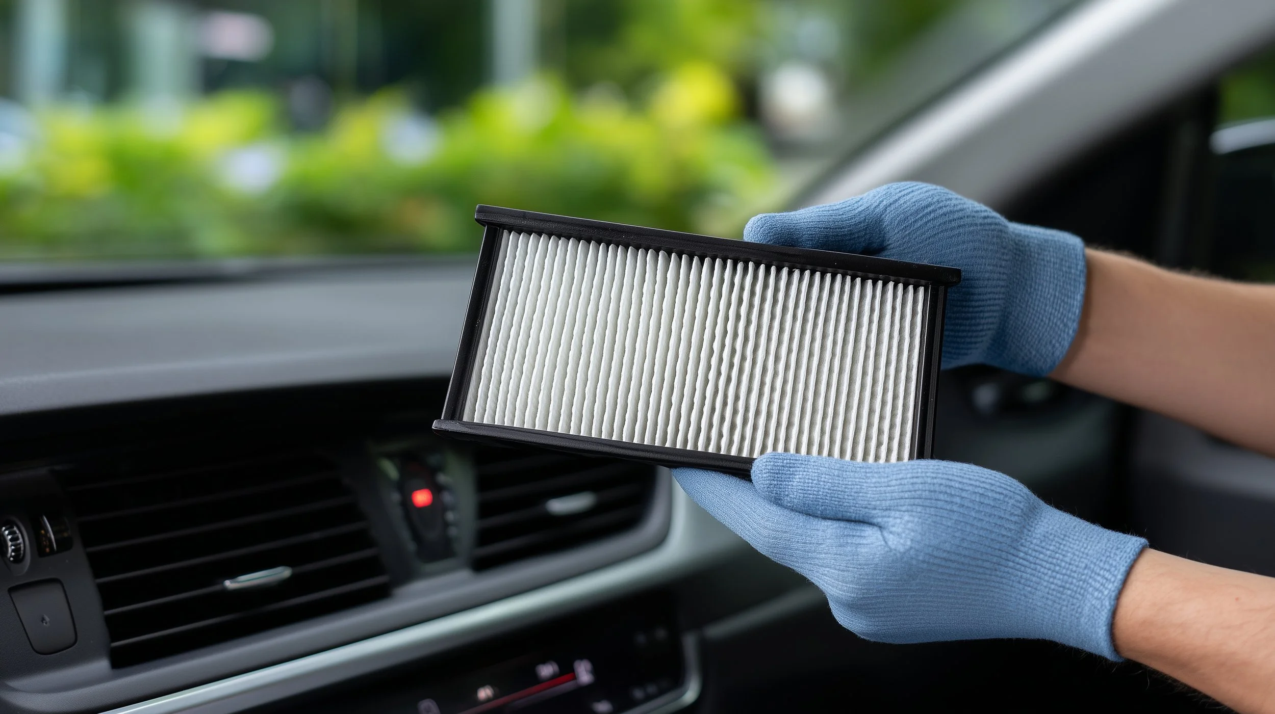 Person wearing blue gloves holding a car air filter inside a vehicle with a dashboard and green outdoor scenery in the background.