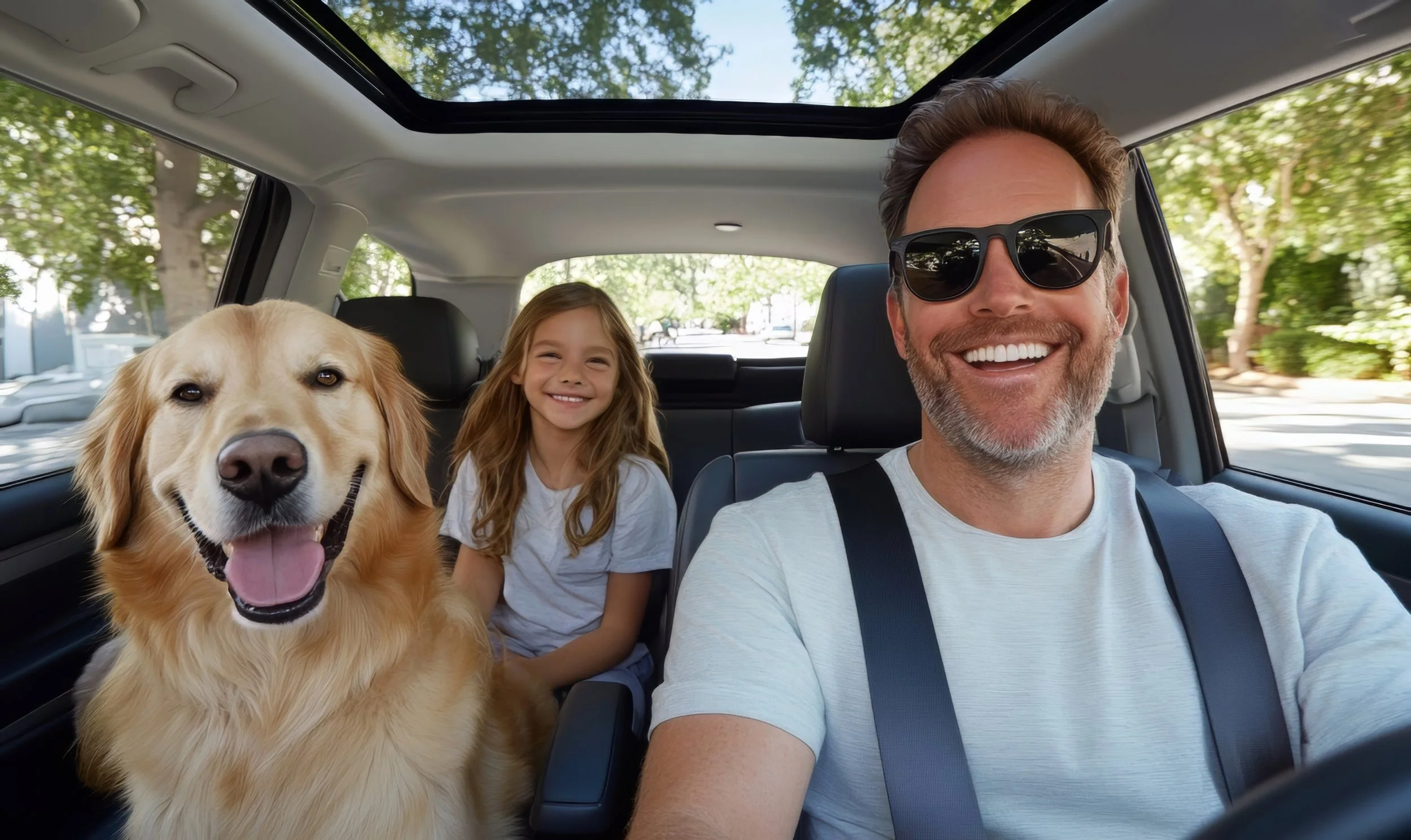 A man, girl, and golden retriever sitting inside a car with trees visible through the windows, smiling and enjoying the drive.