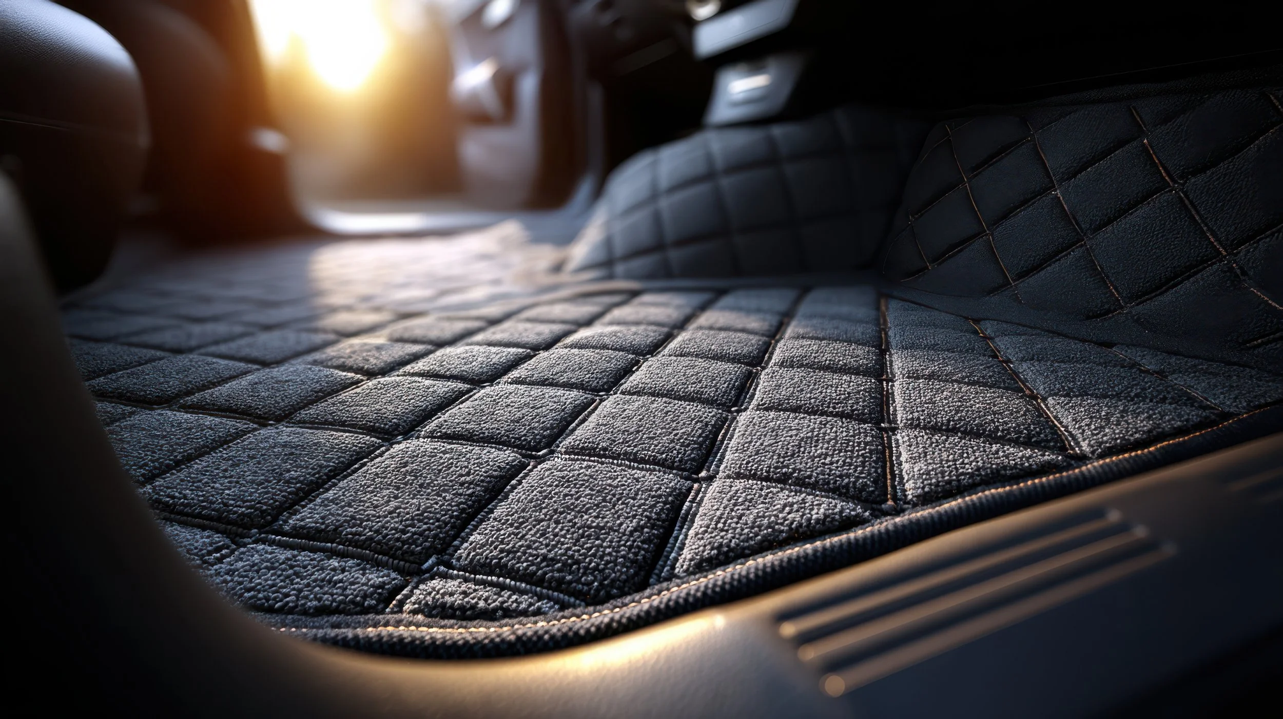 Close-up of a textured car floor mat with sunlight shining in from the window.
