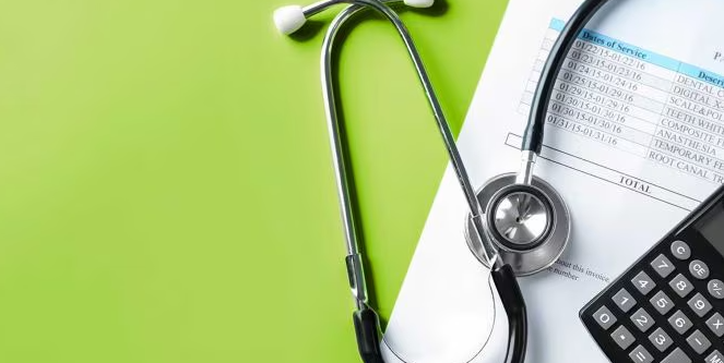 Doctor's stethoscope, dental receipt, and calculator on a two-tone green and white background.
