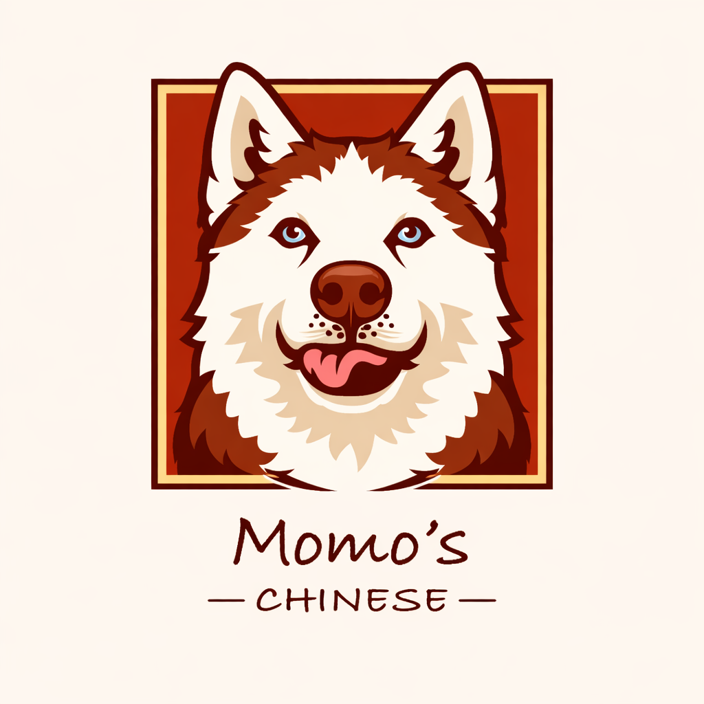 Logo of Momo's Chinese featuring an illustrated husky dog's face with blue eyes inside a square background.