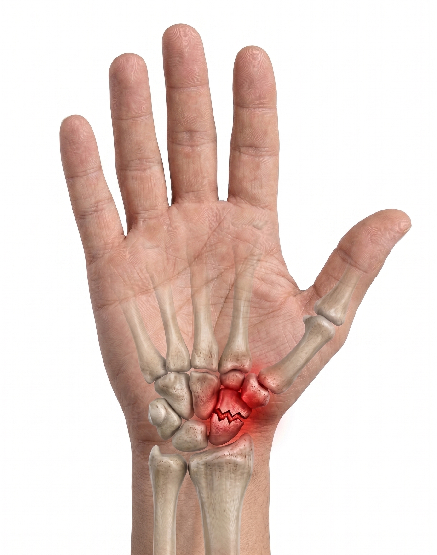 Close-up of a human hand with bones and joints visible, illustrating the hand's skeletal structure, with some parts highlighted in red indicating pain or inflammation in the wrist area.