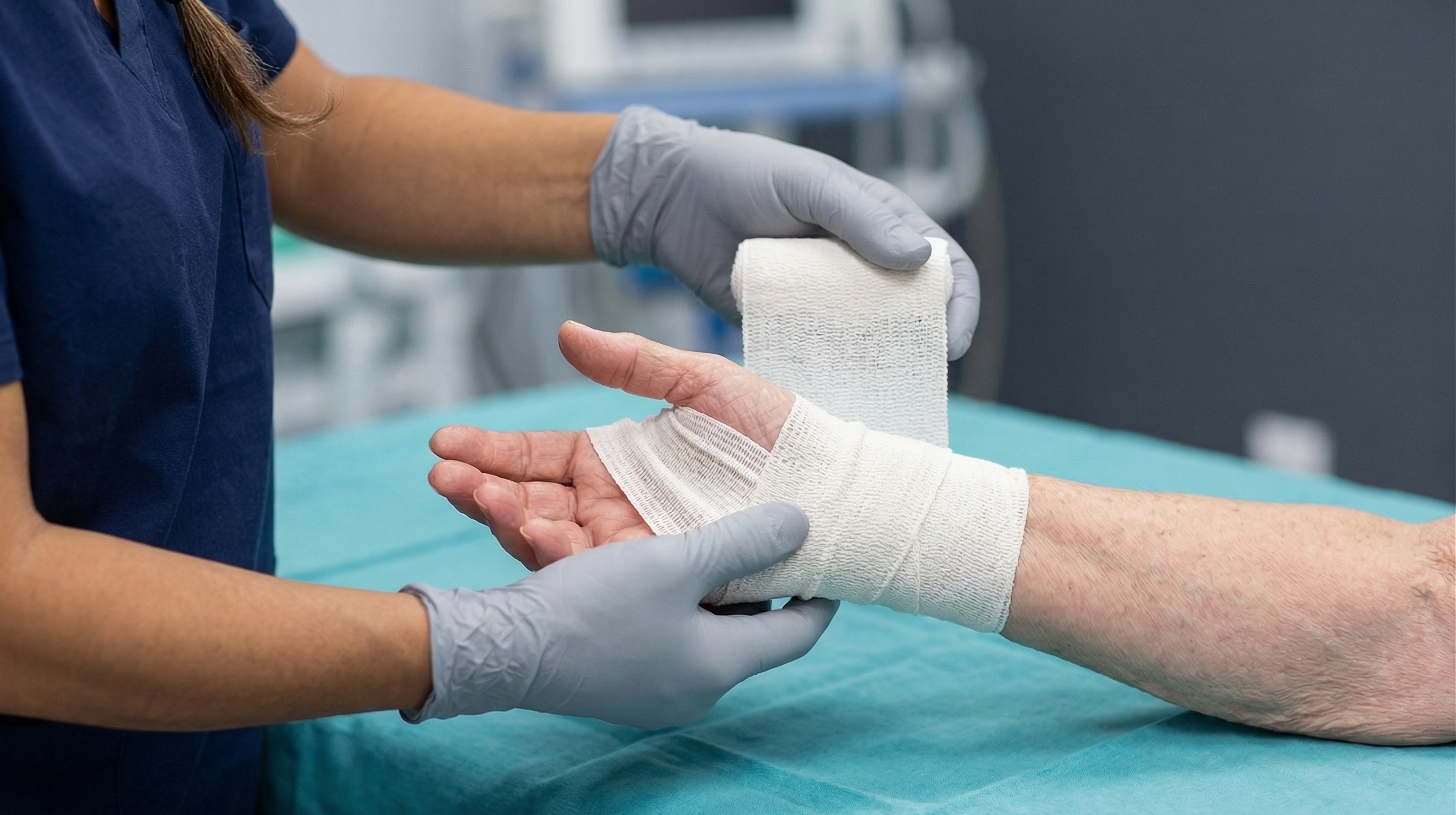 A healthcare professional applies a bandage or dressing to an elderly patient's hand, which is wrapped in a gauze bandage, in a medical setting.