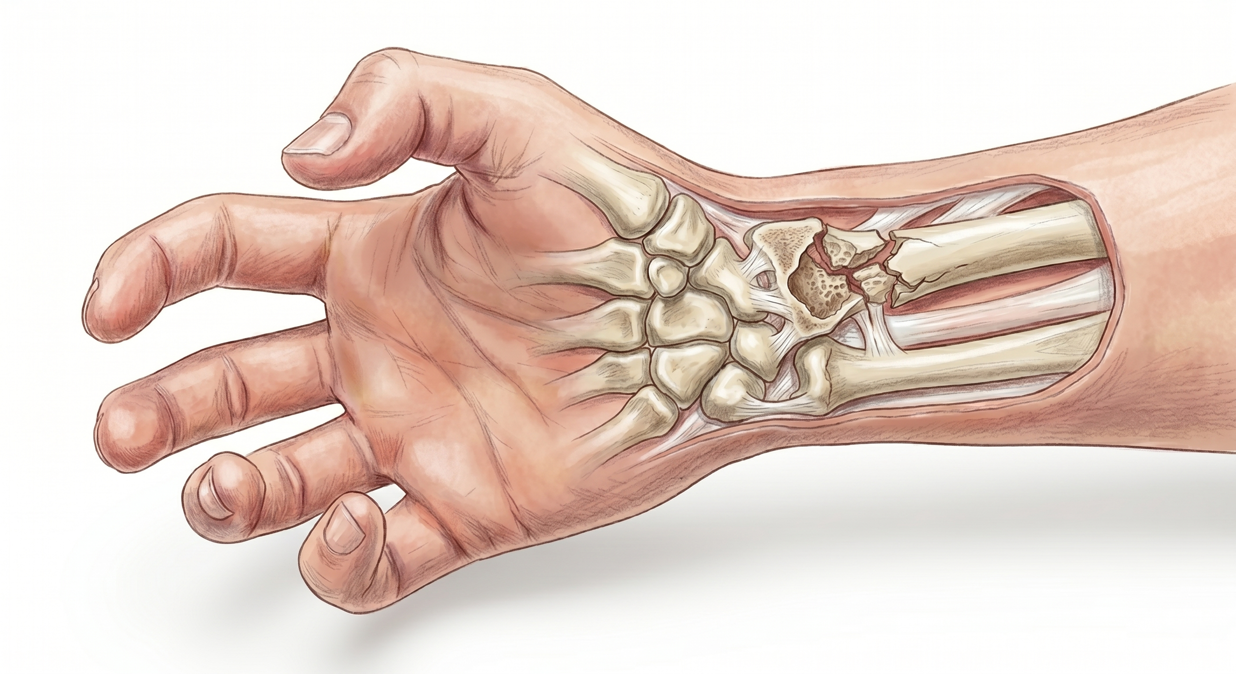 Medical illustration of human hand showing bones and internal structures.