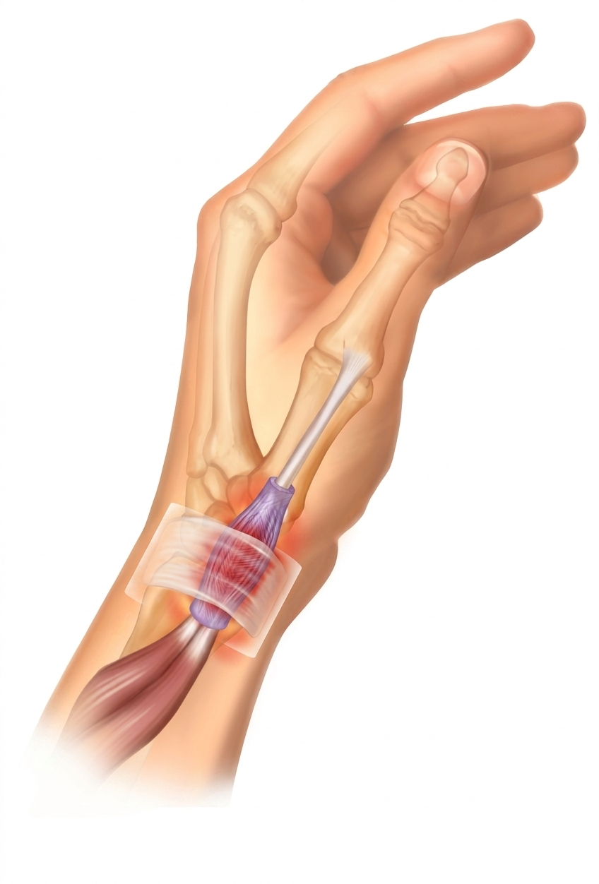 Illustration of a hand showing a surgical or medical procedure involving tendons or muscles, with focus on the wrist area.