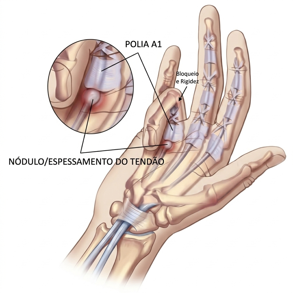 Diagram of a hand showing trigger finger with annotations in Portuguese, including inflamed nodule on the flexor tendon, thickening of the tendon, and pulley A1 blockage causing finger stiffness.