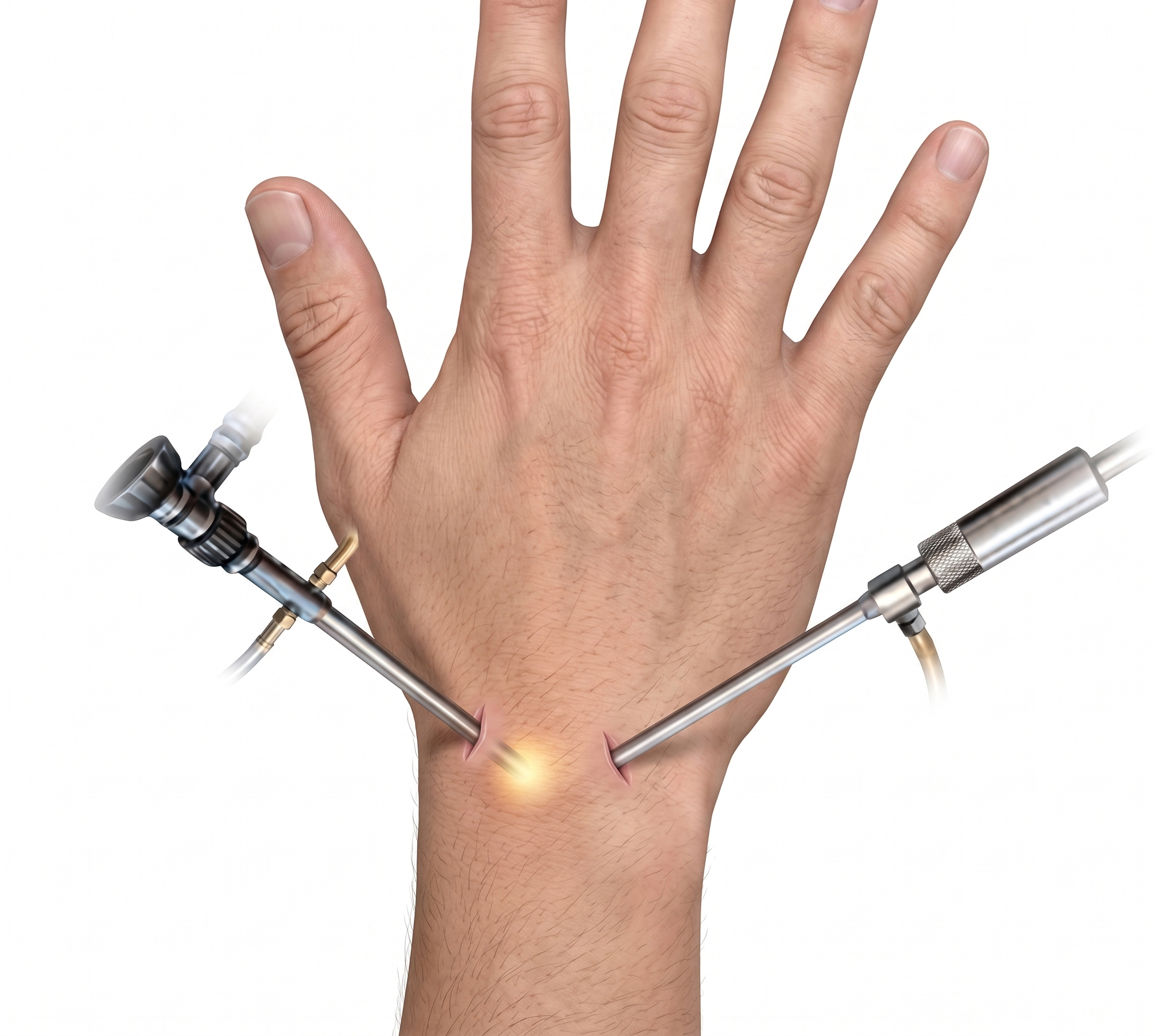 A human hand held up with a small surgical incision on the wrist being illuminated by a surgical tool.