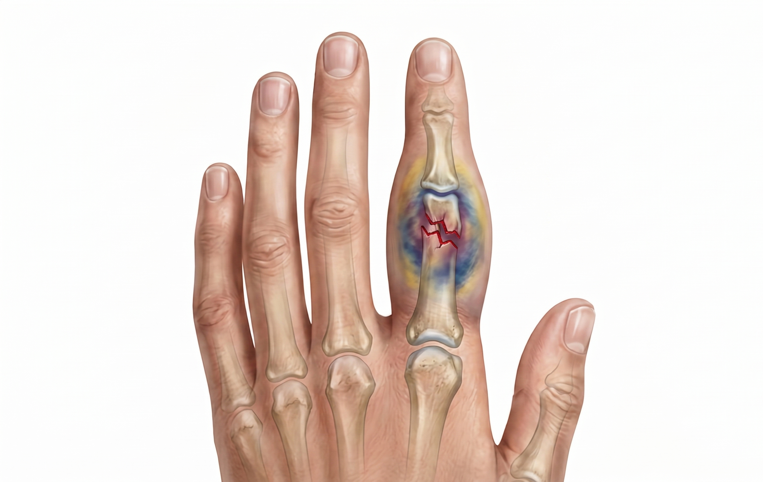 A detailed medical illustration of a human hand, showing bones, with a focus on a fracture in the middle finger.