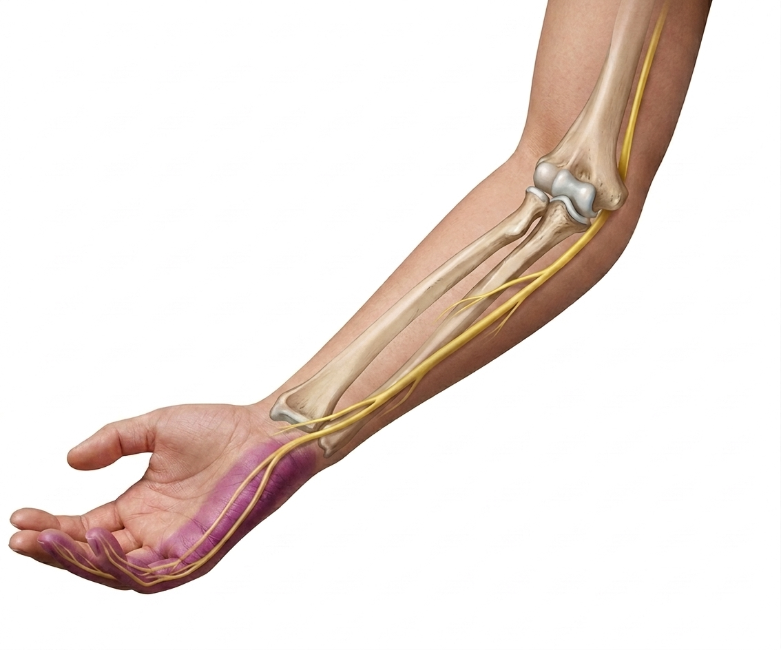 An illustration of a human arm with the skin removed to show bones, nerves, and muscles, including the hand and forearm.