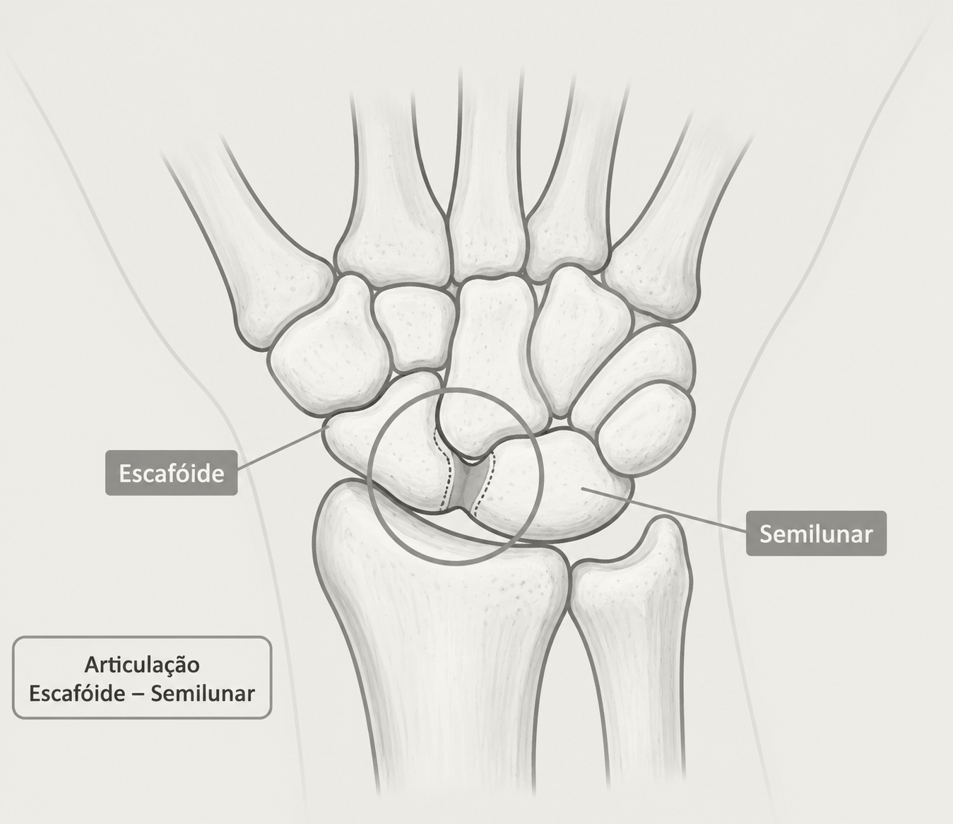 Diagram of an ankle joint showing bones, with labels pointing to the talus bone, called 'Escafoide,' and the calcaneus, called 'Semilunar,' highlighting the articulation between the talus and calcaneus.