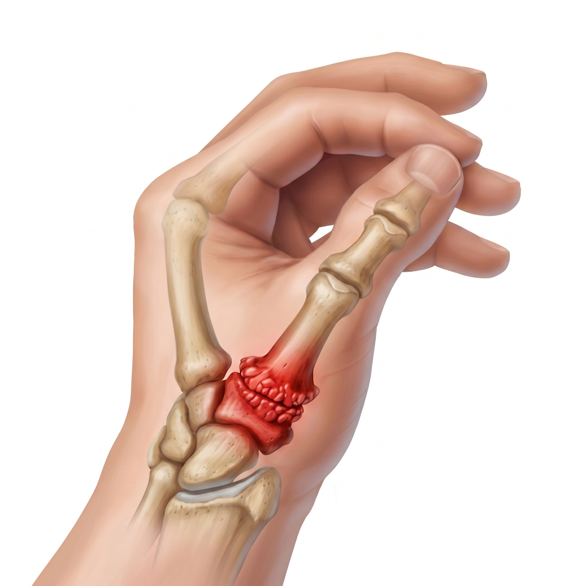 A realistic anatomical illustration of a human hand and part of the forearm, showing bones, muscles, and internal organs with a focus on the digestive system.
