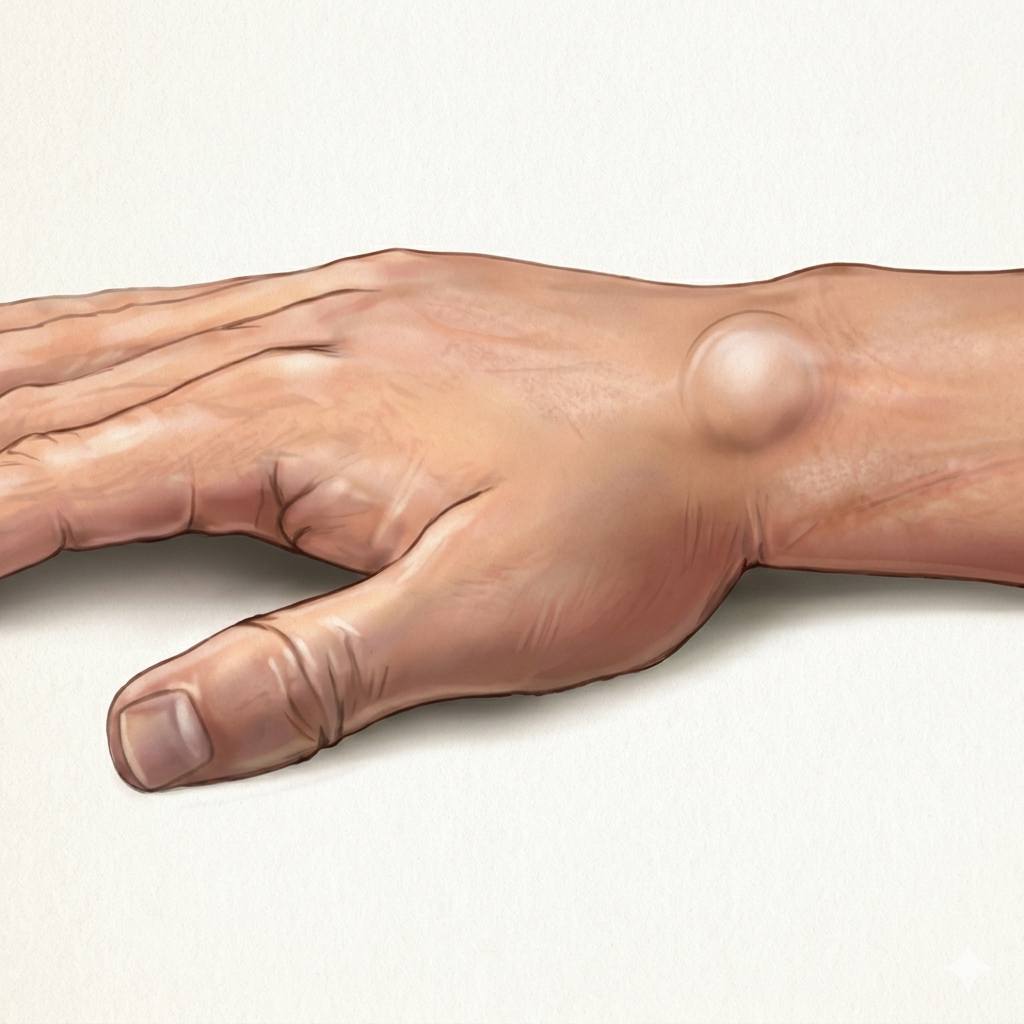 A realistic illustration of a hand showing a blister on the back of the hand.