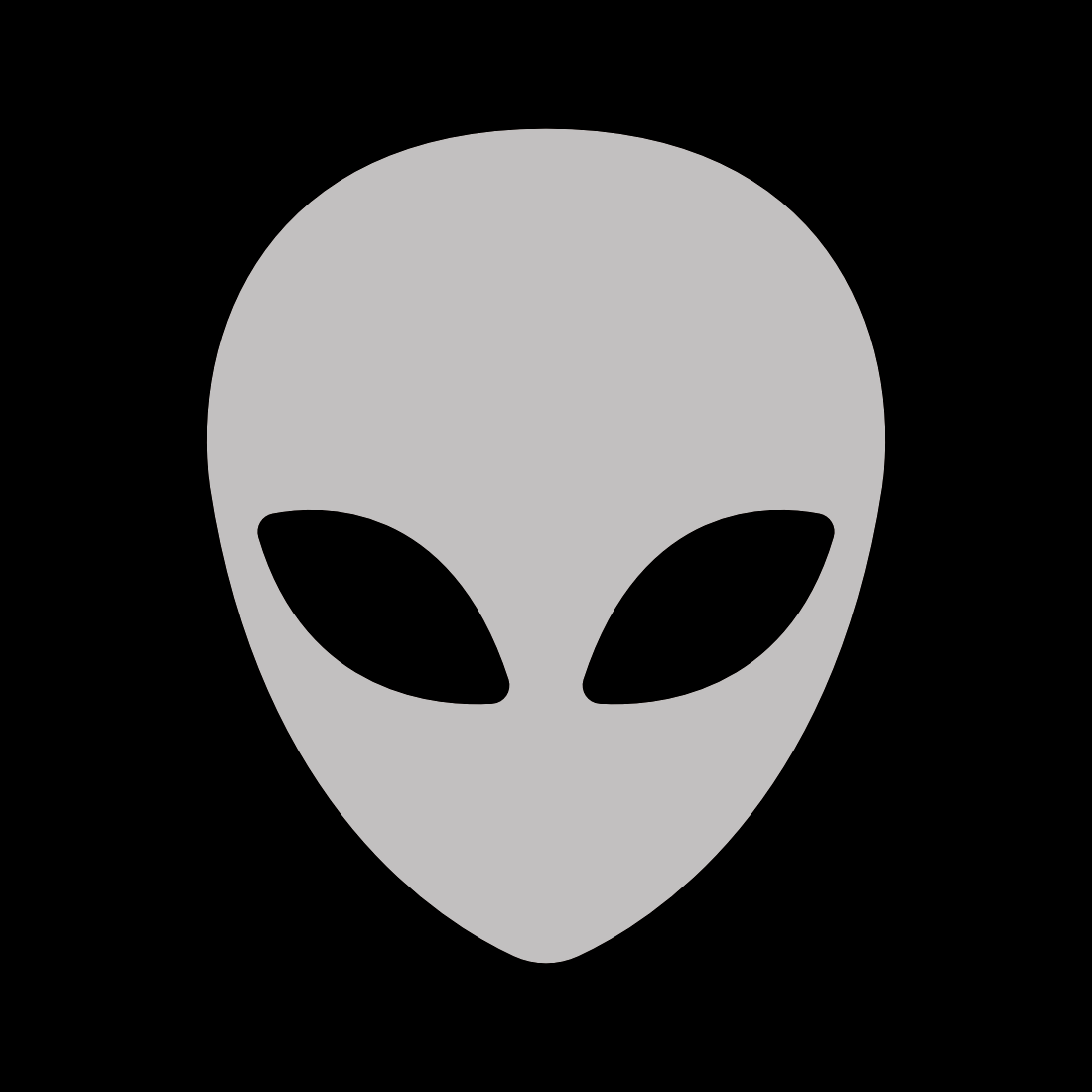 Gray alien face with large black eyes on a black background.