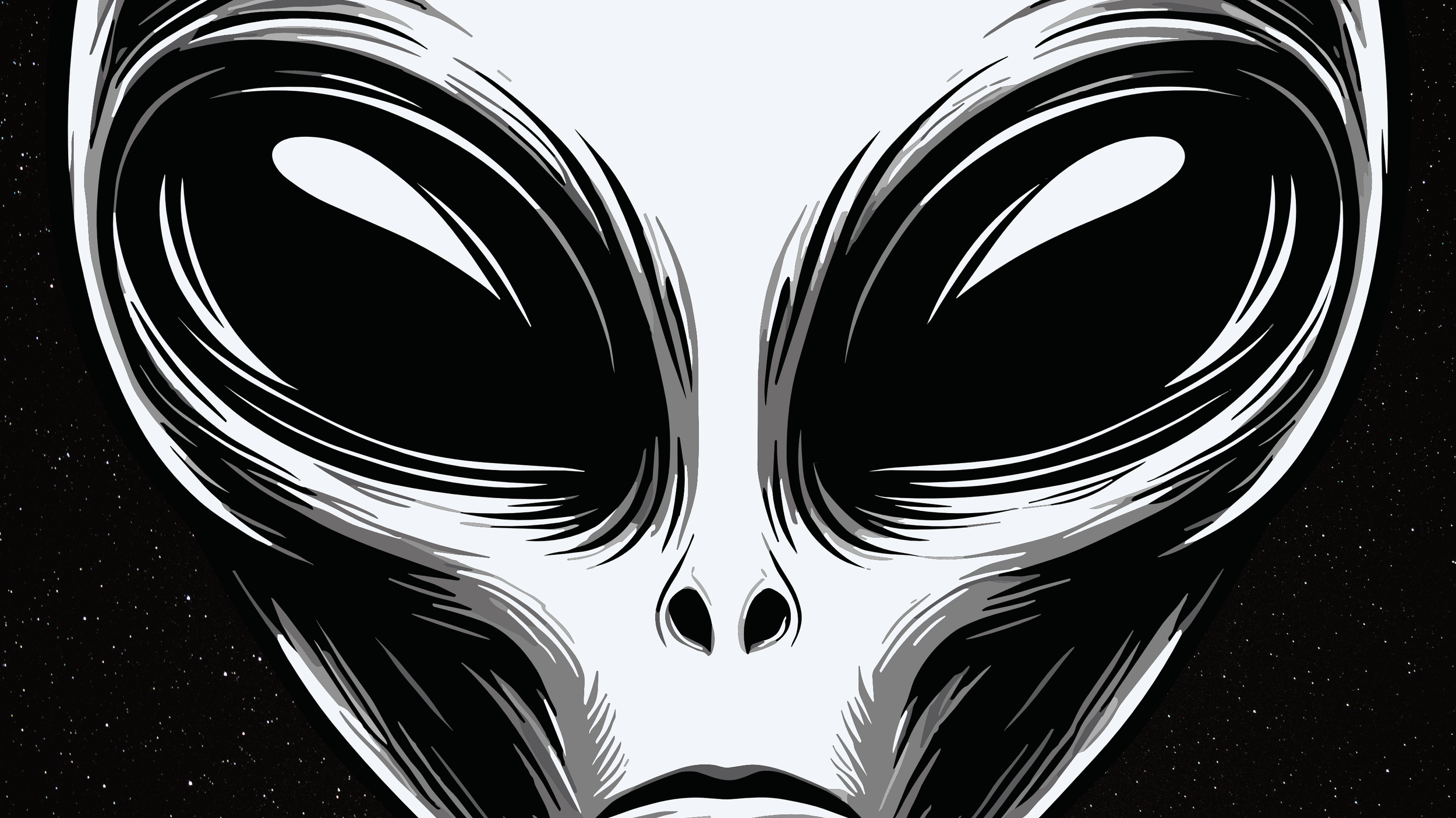 A stylized illustration of an alien face with large black eyes, a small nose, and a closed mouth, set against a starry outer space background.