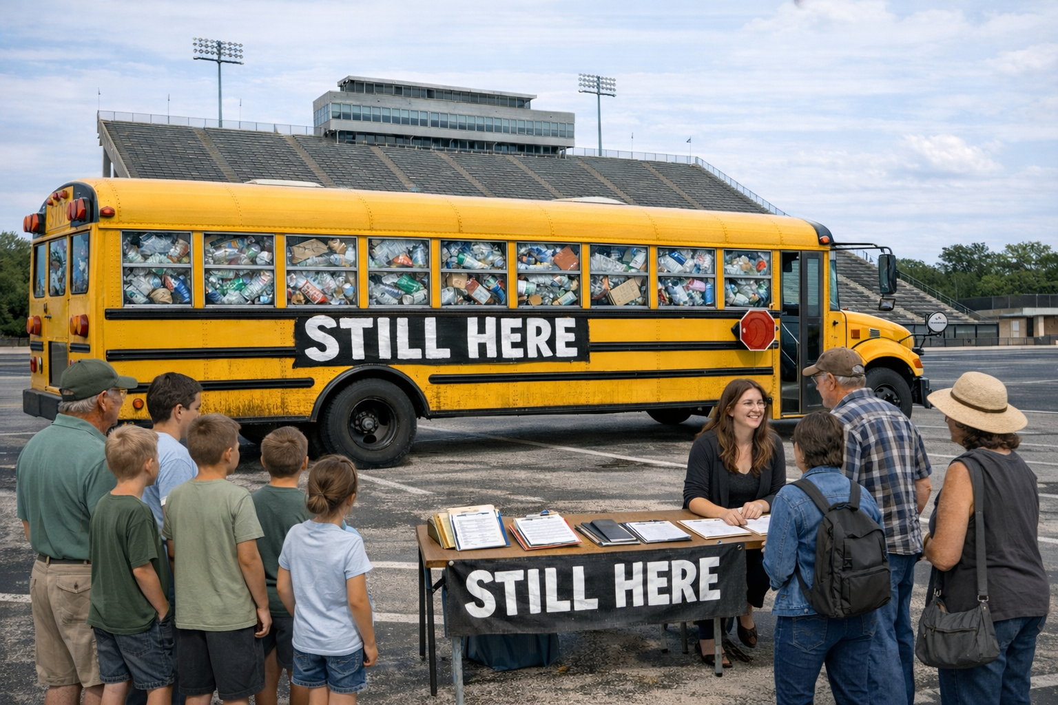 This image illustrates how the Still Here installation may appear once filled with recycling collected from a shared public event. The installation has not yet taken place.