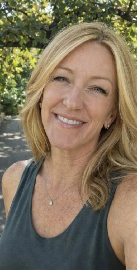 A woman taking a selfie outdoors with sunlight and trees in the background. She has blonde hair, blue eyes, and is smiling, wearing a gray sleeveless top and a small necklace.