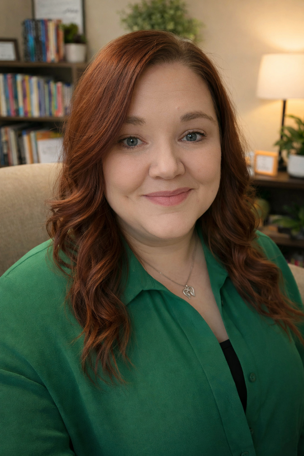 A woman with shoulder-length red hair, wearing a green blouse and necklace, sitting in a cozy room with bookshelves, a potted plant, and a table lamp in the background.