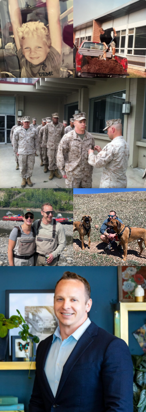 A collage of six photos: a smiling young boy with curly hair raising his arms, a person unloading soil from a truck, a group of soldiers in uniform, two hikers wearing sunglasses and backpacks, two dogs in a gravel area with one holding a ball, and a man in a suit smiling indoors with plants and colorful books in the background.