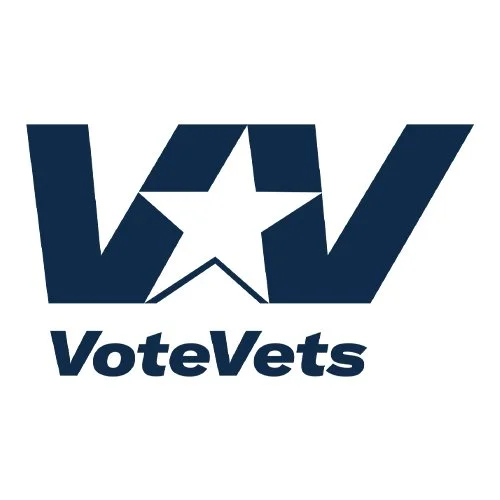 Logo with the words 'VoteVets' beneath a star integrated into the letters 'V' and 'W'.