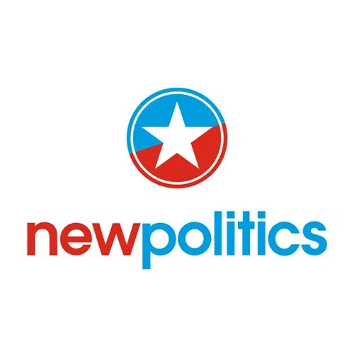 Logo with a star inside a circle divided into blue and red sections, and the words 'new politics' with 'new' in red and 'politics' in blue.
