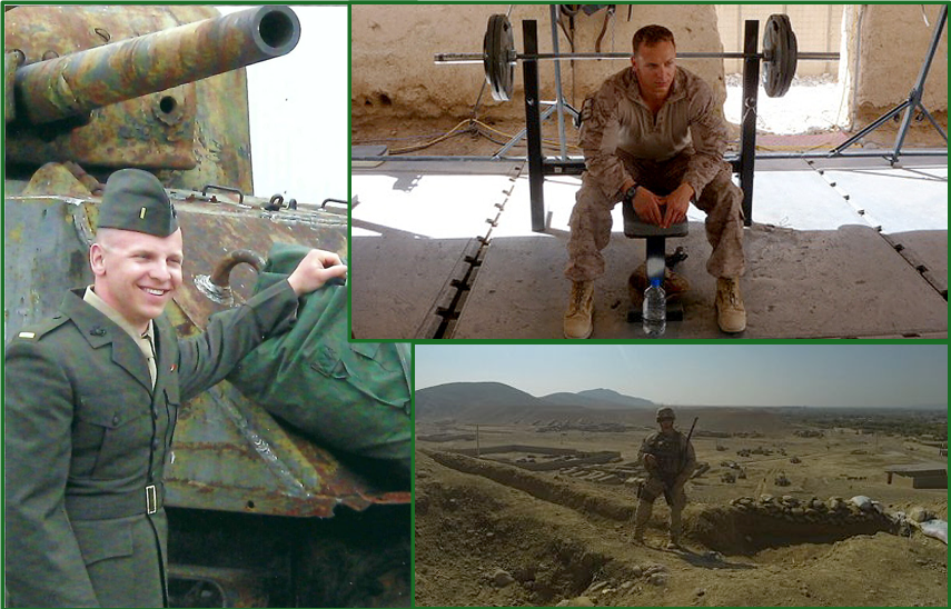 Collage of three images depicting soldiers and a man in military or archaeological settings: a smiling soldier in uniform near a rusted tank, a man in camouflage sitting on a bench with weights behind him, and a soldier standing in a desert landscape with trenches and equipment.