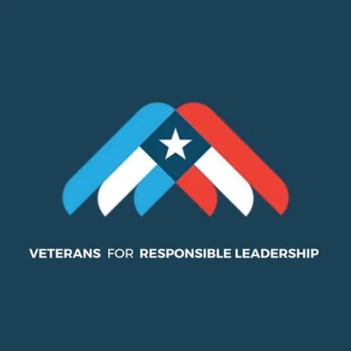 Logo with blue and red ribbon-like shapes forming a mountain with a star at the top, and the text "Veterans for Responsible Leadership" underneath.