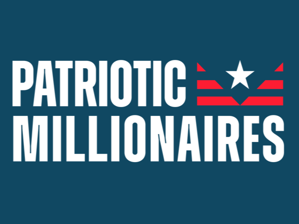 Patriotic Millionaires logo with white text and a stylized American flag with a star