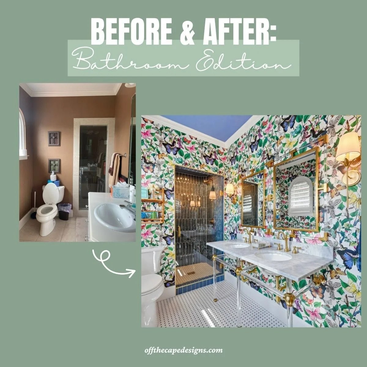 Always fun to see how a space can transform! What an amazing transition in this butterfly themed bathroom.
