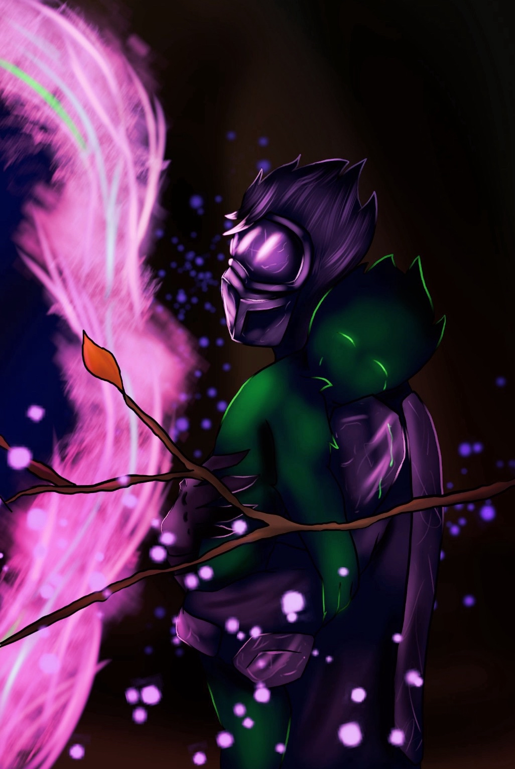 A dark, stylish digital illustration of a character in a helmet and green armor, holding a glowing branch with pink energy swirling around.