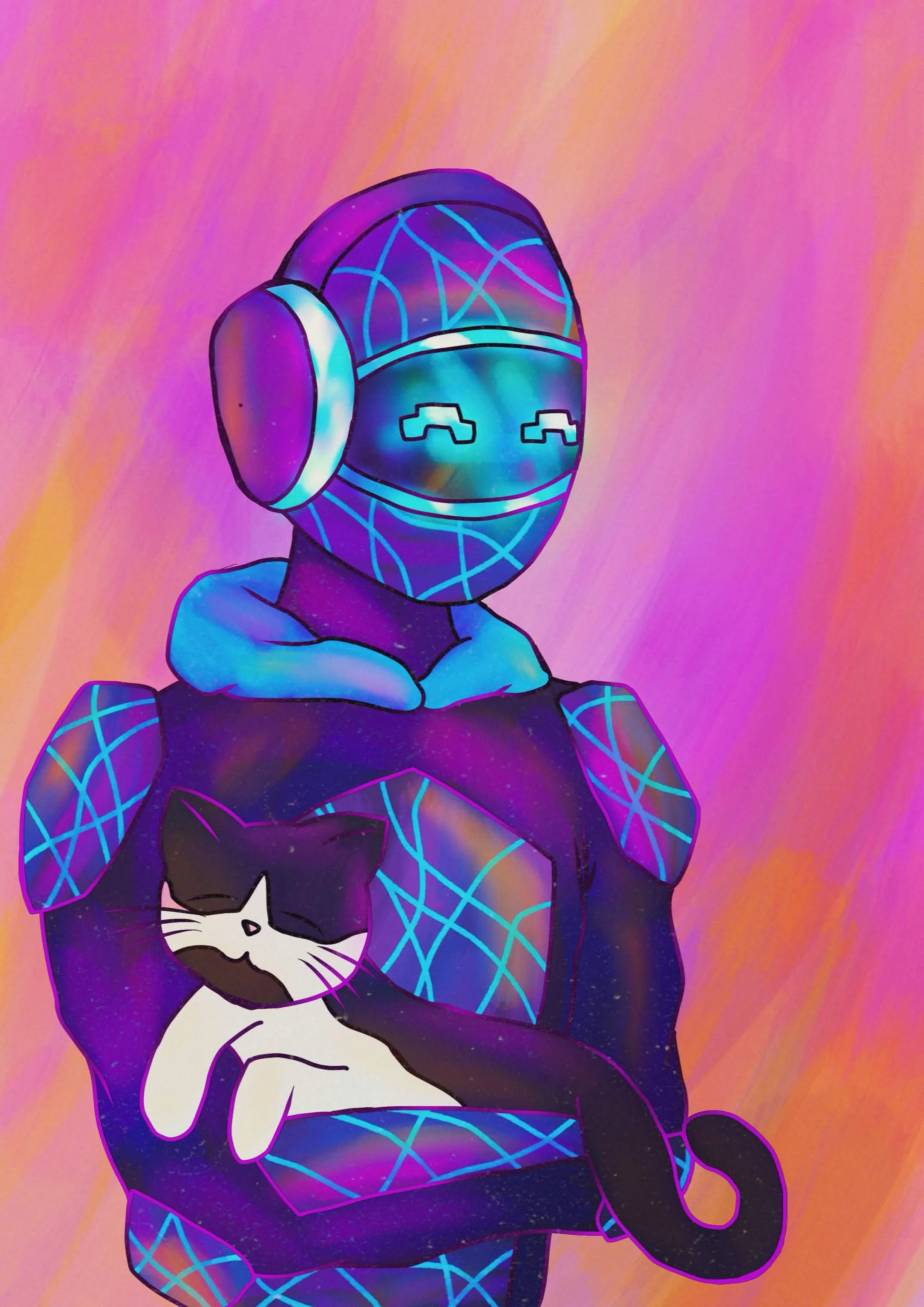 Digital illustration of a humanoid figure with a galaxy and neon web-like pattern on the face and body, wearing headphones, holding a black and white cat, with a pink and orange colorful background.