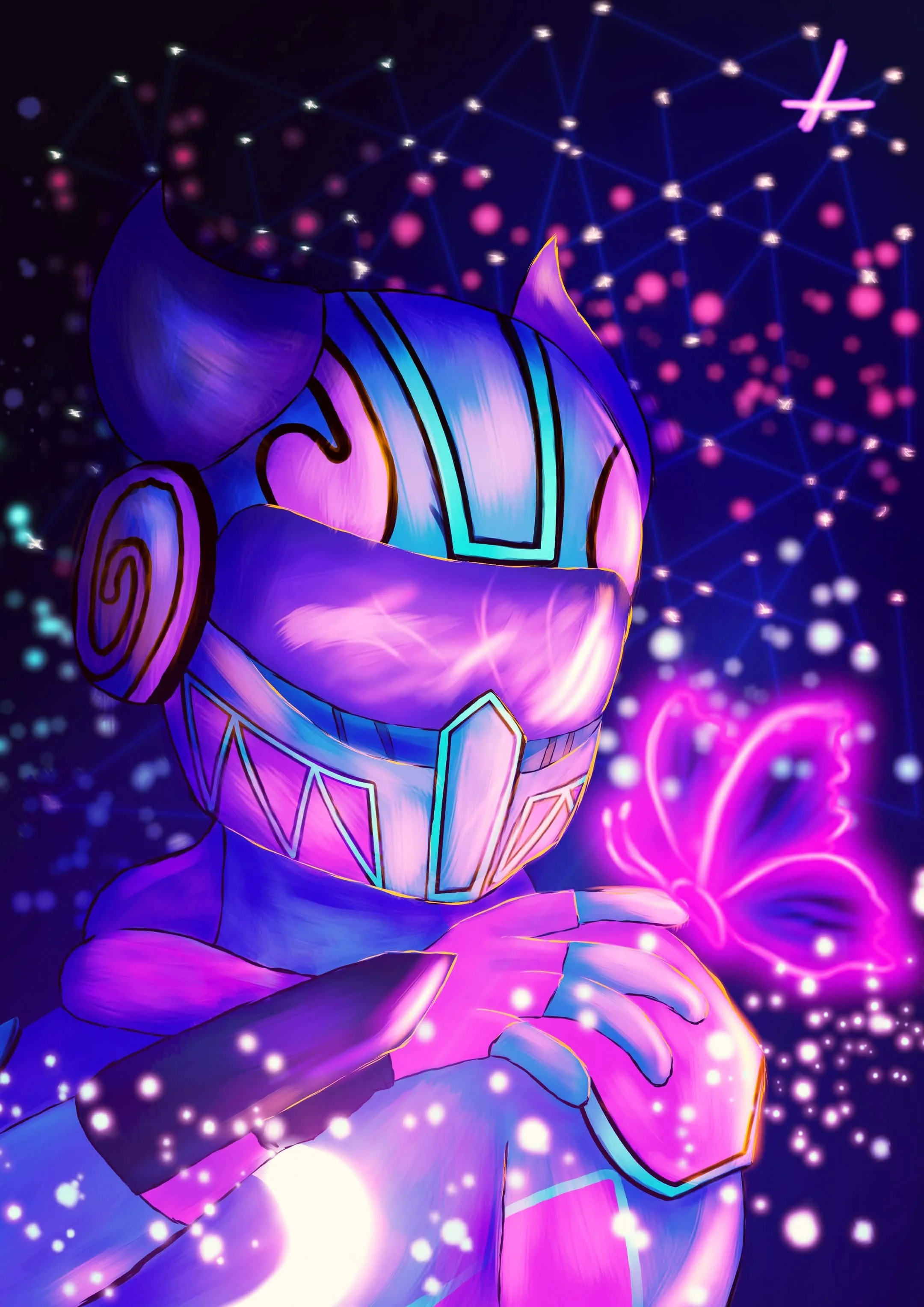 Colorful neon illustration of a mystical creature with a lion's mane and body, sitting in a cosmic setting with glowing pink and purple orbs, stars, and a neon butterfly.