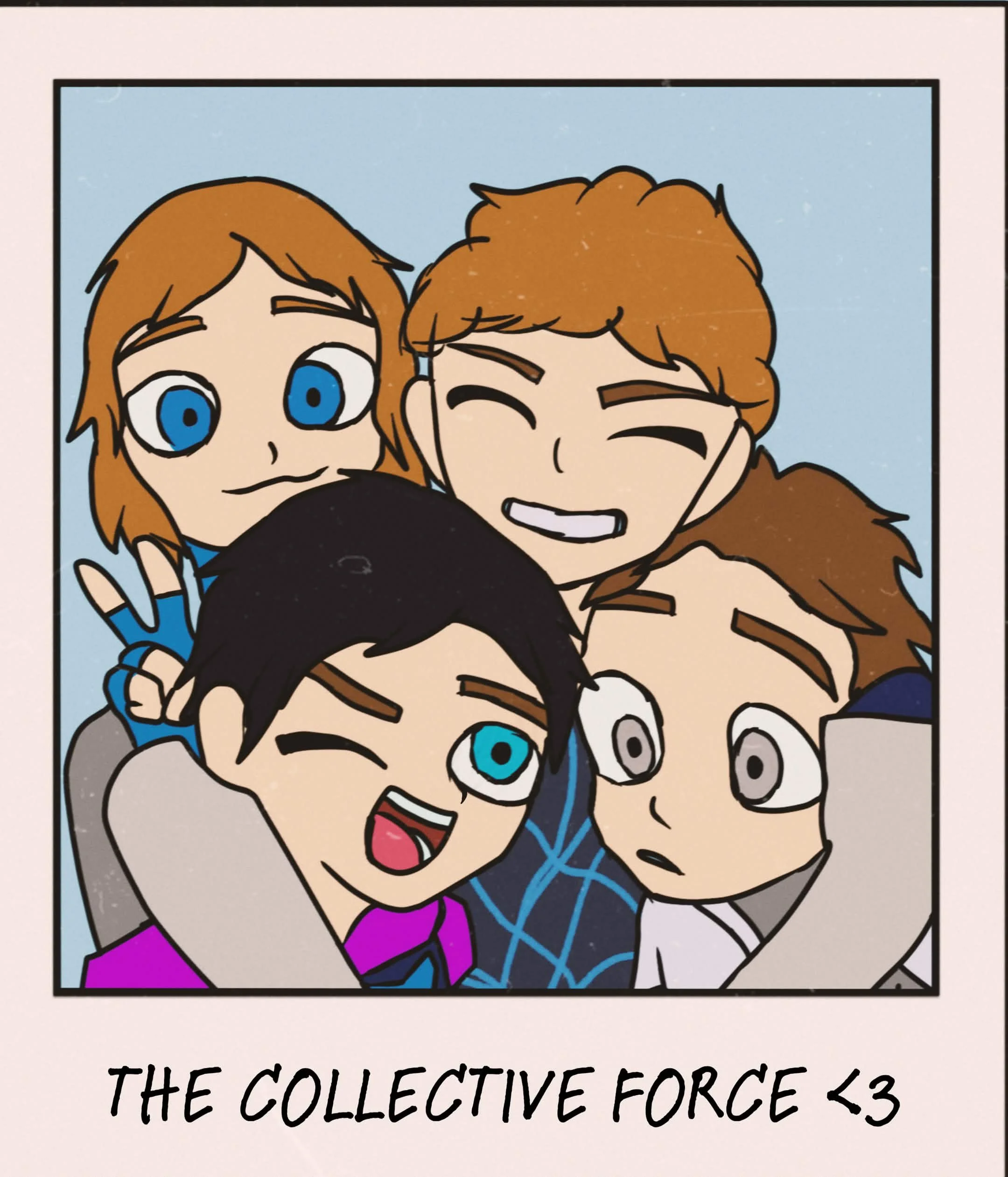 Colorful illustration of four happy cartoon characters with light skin, three with brown hair, embracing each other and smiling. They are surrounded by light blue background, with text below reading 'THE COLLECTIVE FORCE <3'.