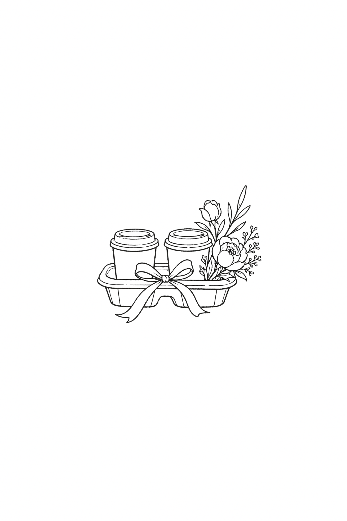 Black and white coloring page with two coffee cups in a container, decorated with a ribbon bow, and surrounded by flowers and leaves.