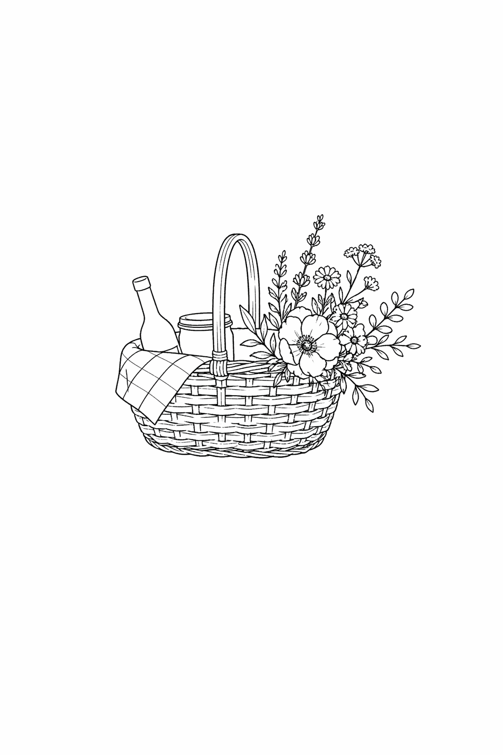 A black and white line drawing of a picnic basket with flowers, a bottle, and a jar inside. A checkered cloth is partially draped over the basket's side.
