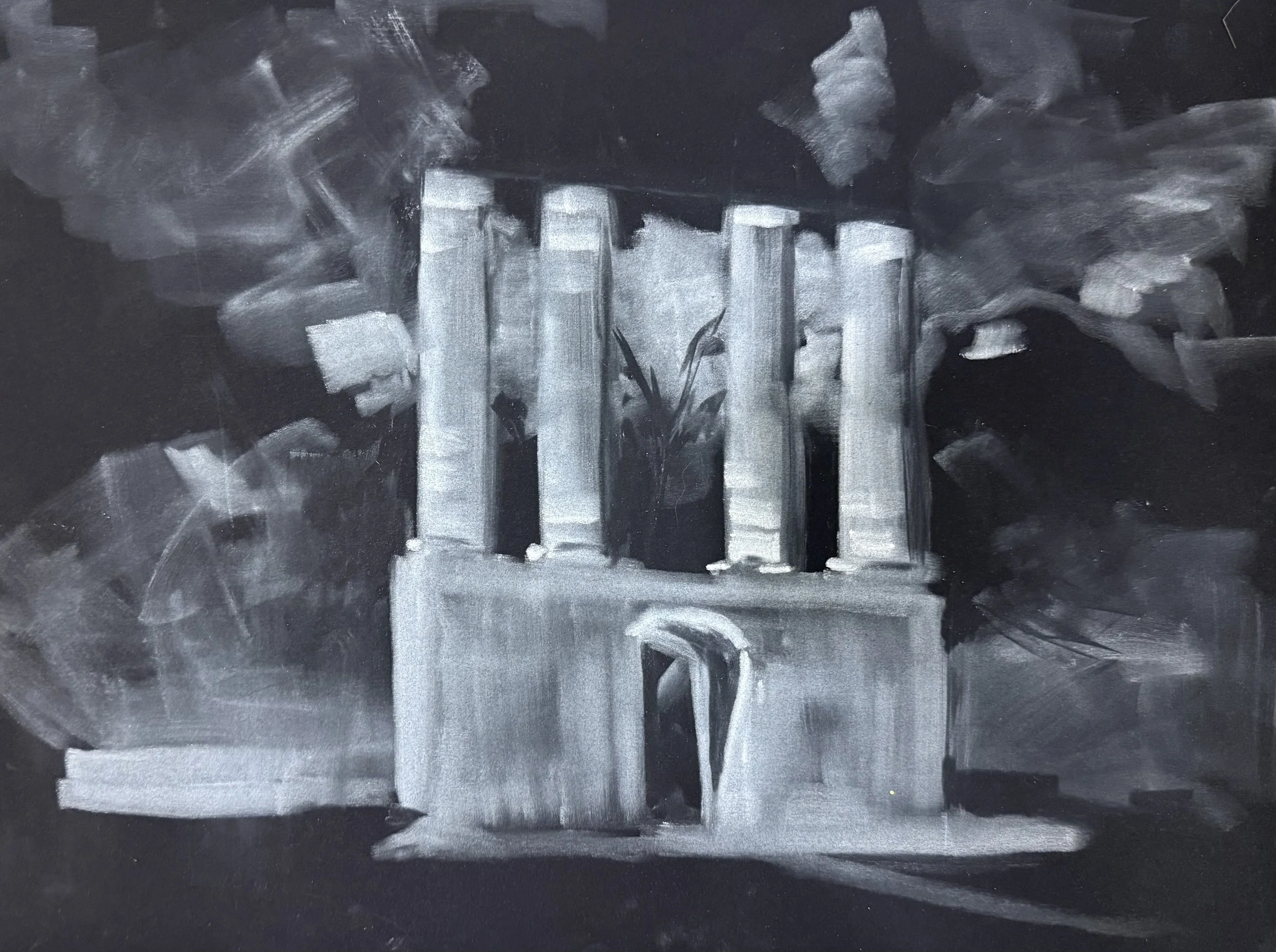 Pastel by Mary Victoria Taylor. A black-and-white pan pastel horizontal painting of four columns and an old building facade.