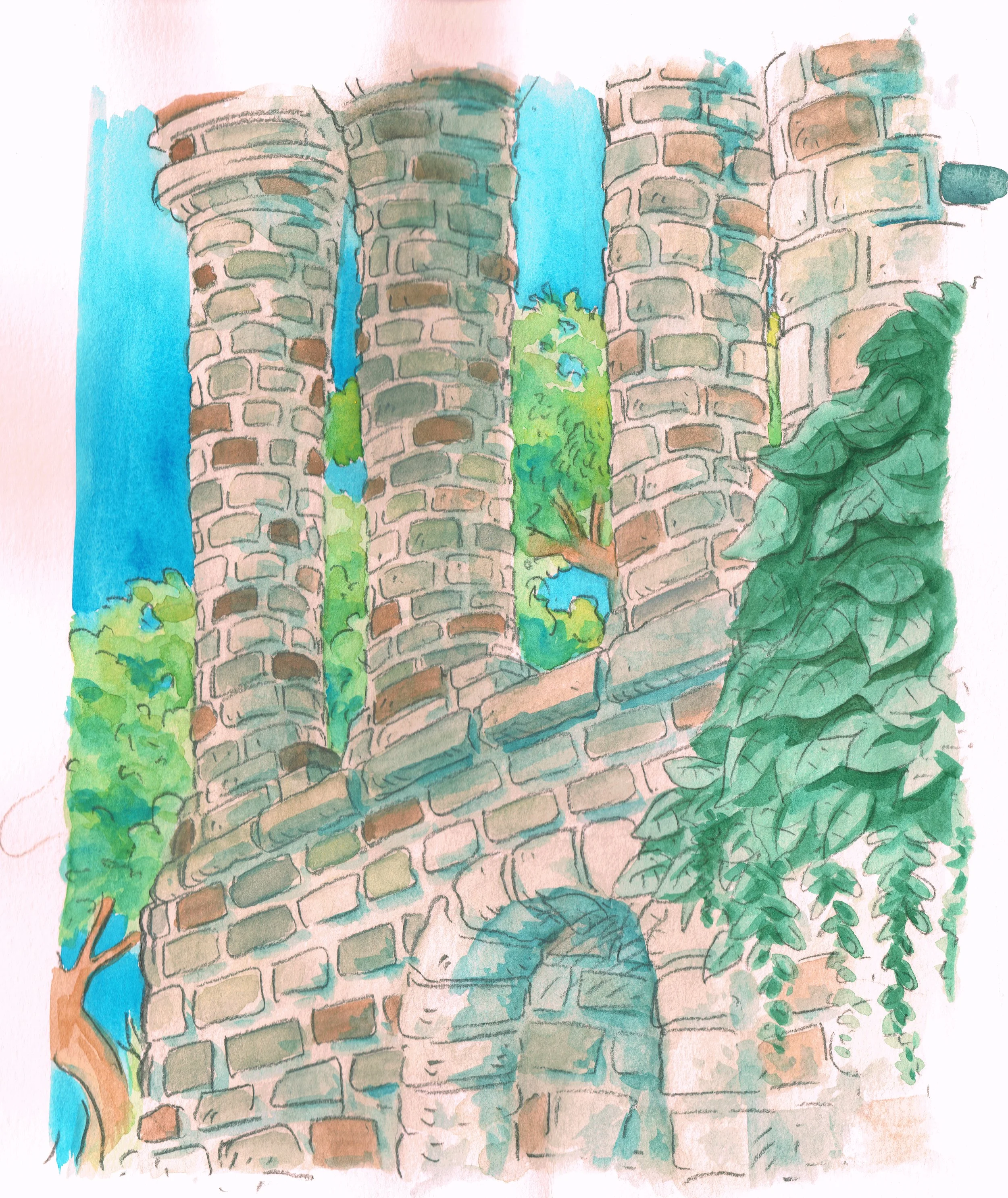 Painting by Randy Clute. A color watercolor painting of four columns and an old building facade, surrounded by green trees and a blue sky.