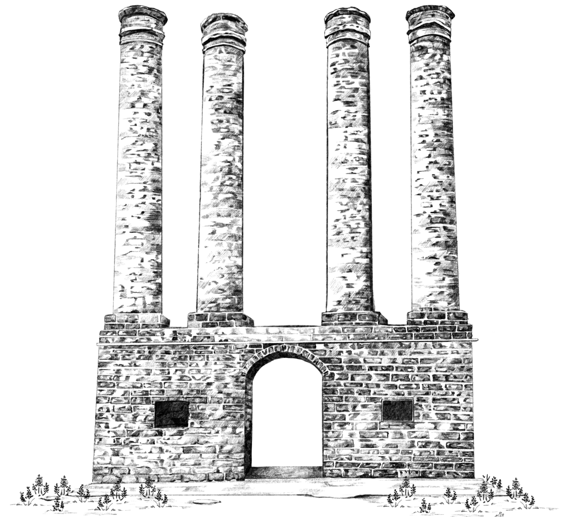 Drawing by Elizabeth Branstetter. A black-and-white drawing of four columns and an old building facade with small bluebonnets in the foreground.