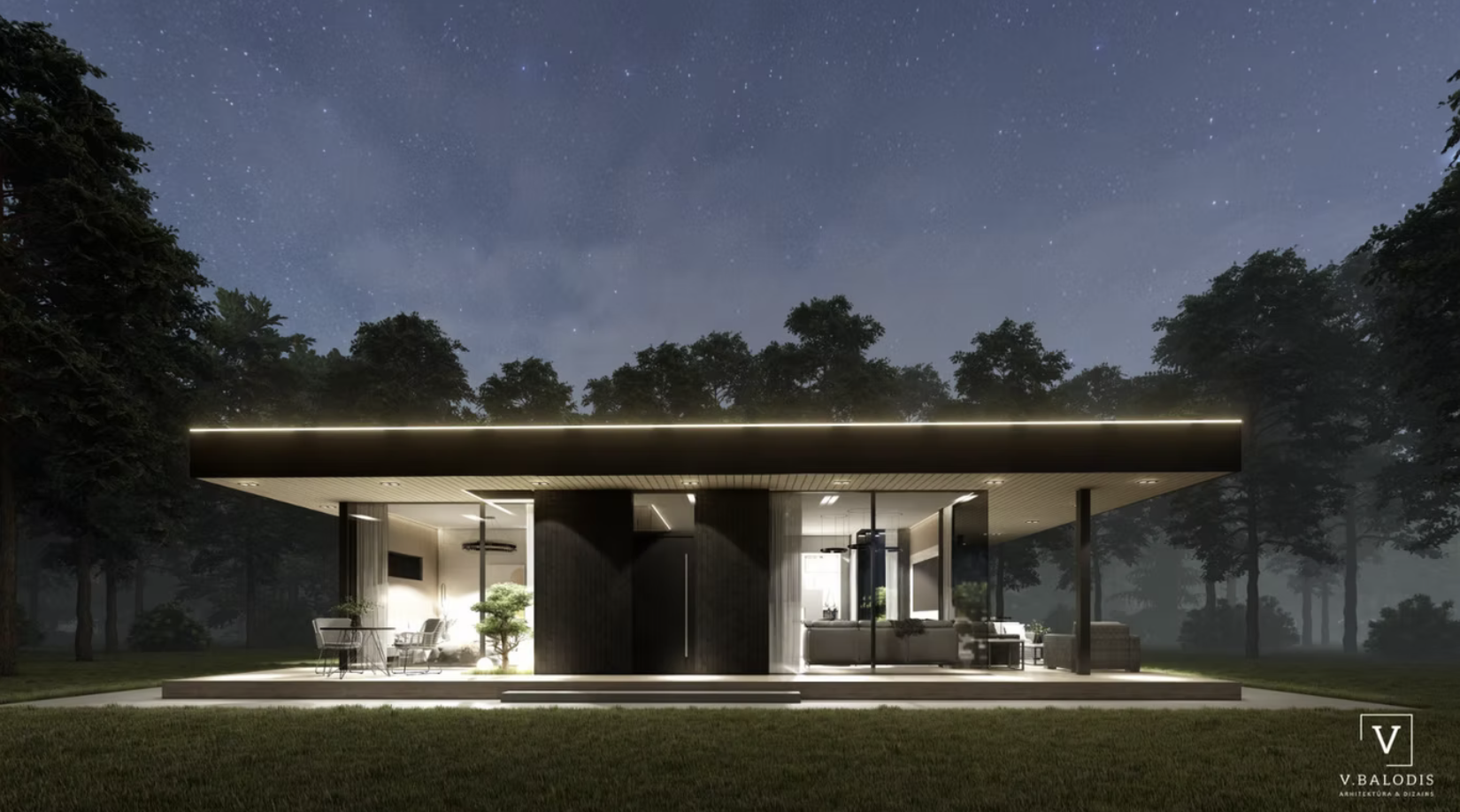 Modern house with glass walls, illuminated from inside, set in a wooded area at night with a starry sky.