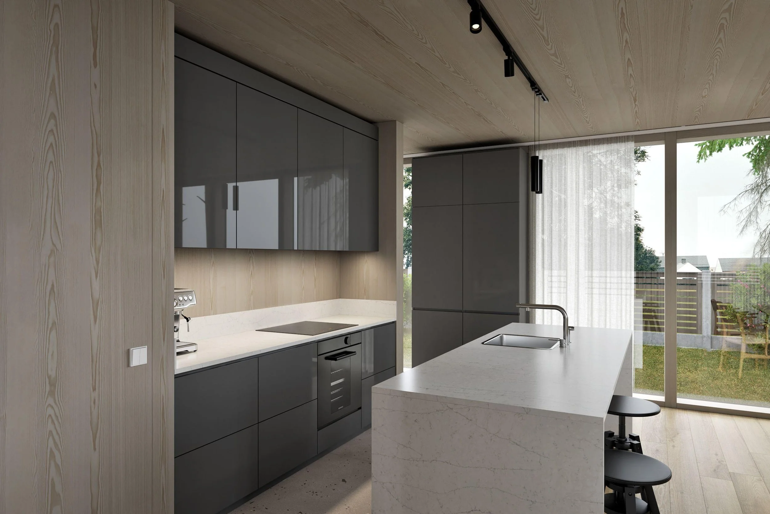 Modern kitchen with black cabinets, white countertops, built-in oven, and a large window with sheer curtains overlooking a backyard with trees and houses.