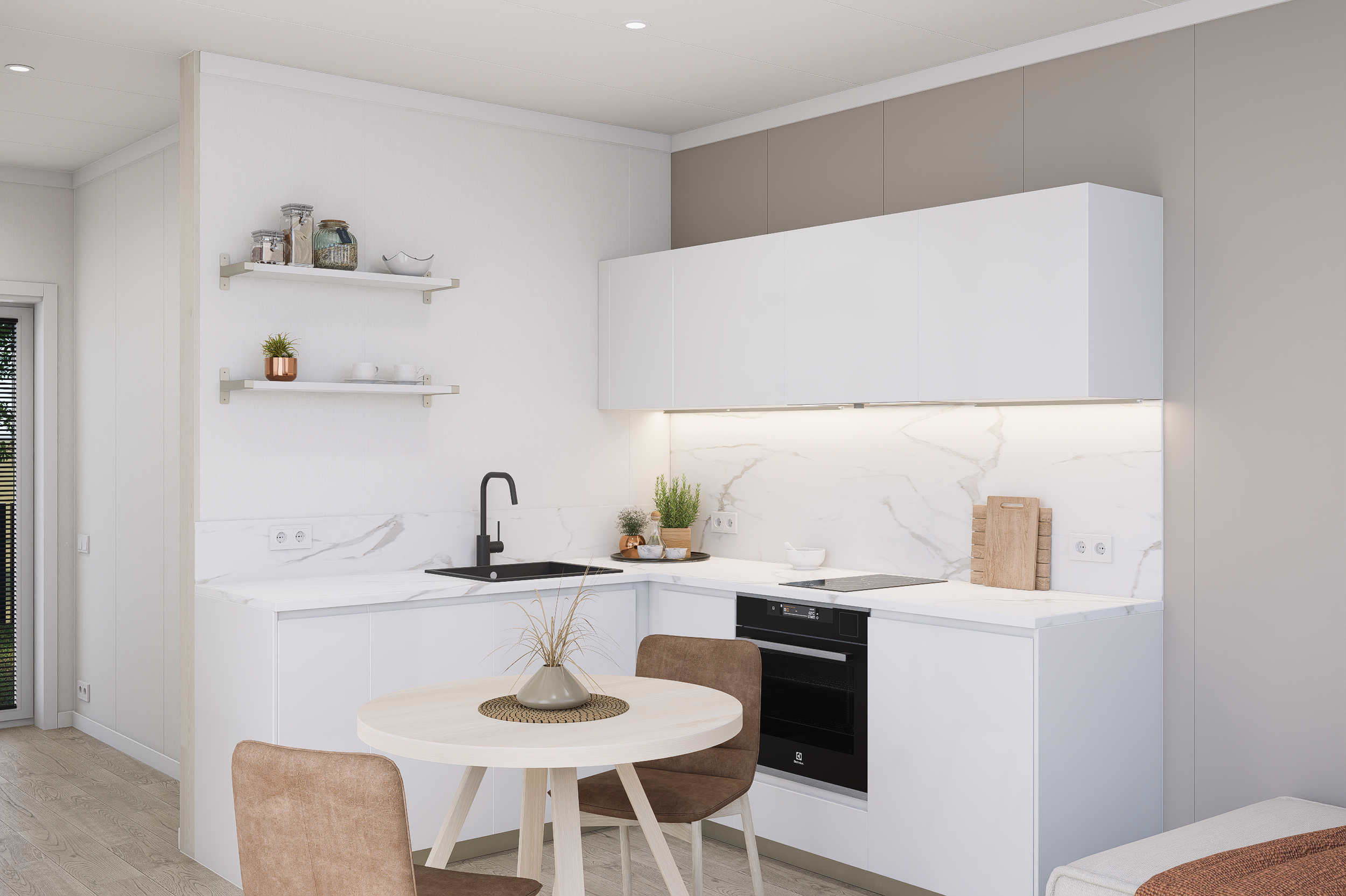 Modern kitchen with white cabinets, marble backsplash, small round dining table with two brown chairs, potted plant, and open shelving with jars and dishes.