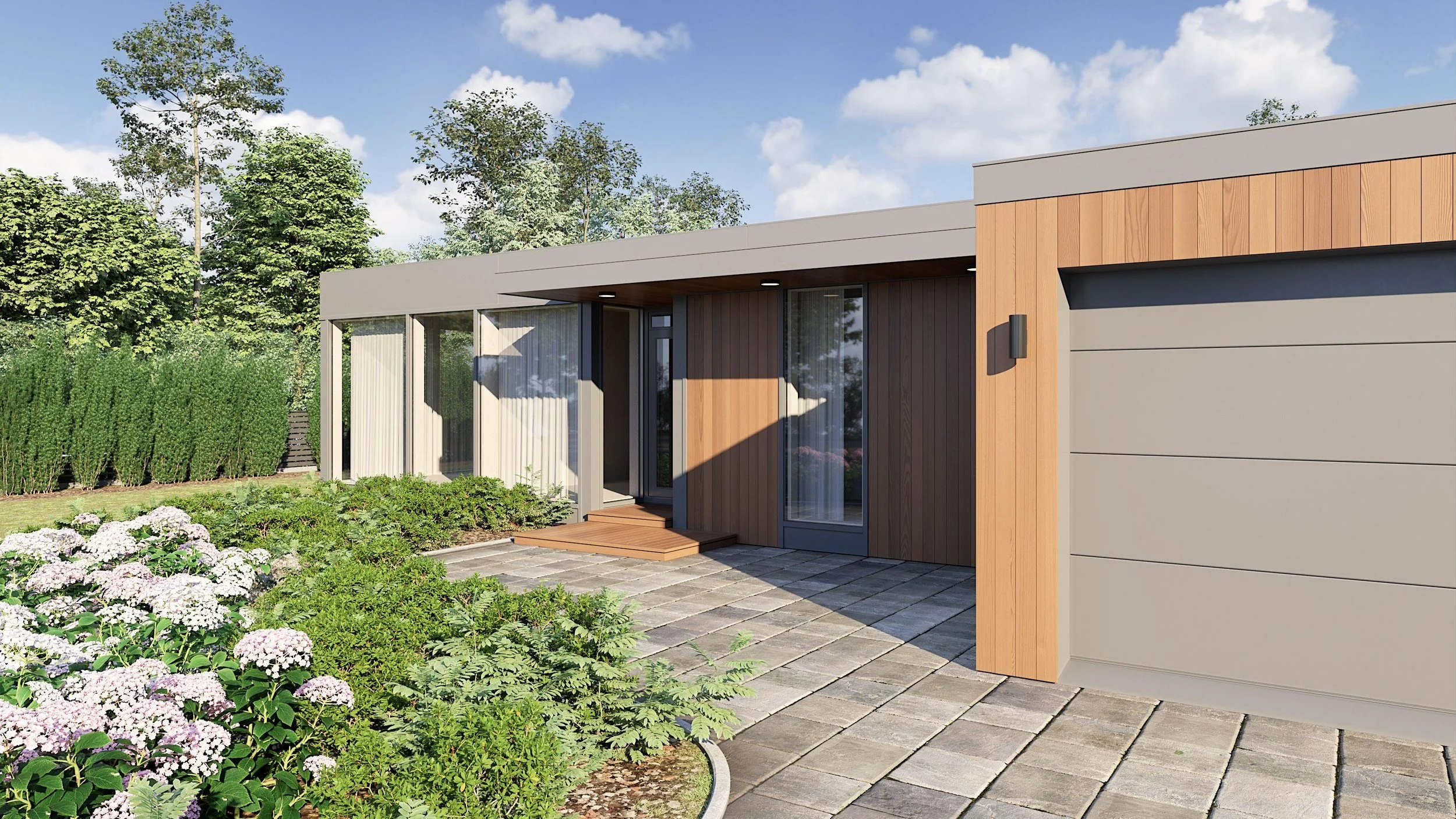 Modern house with wooden and concrete exterior, glass doors, surrounding lush garden with flowers, trees, and paved walkway under a cloudy sky.