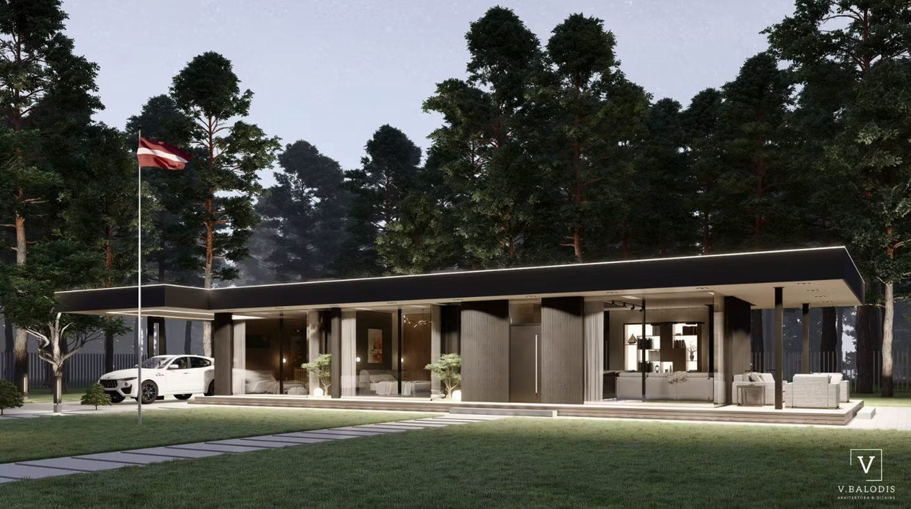 Modern single-story house with large glass windows, surrounded by tall trees, with outdoor sitting area and a white car parked in front. A flagpole with the Latvian flag is also visible.