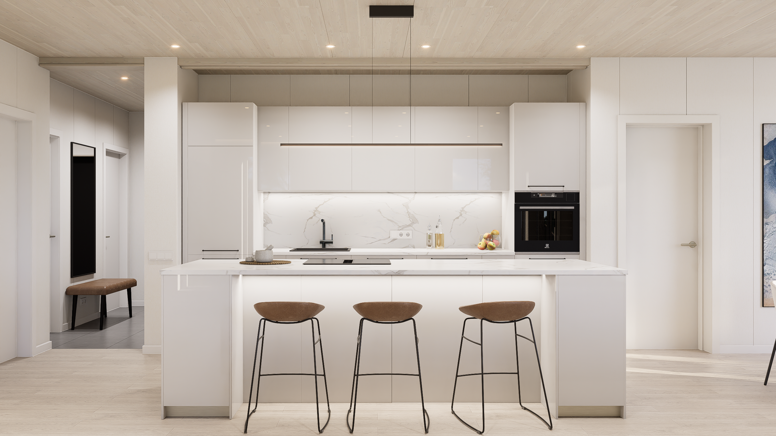 Modern white kitchen with marble backsplash, island, and three brown chairs.
