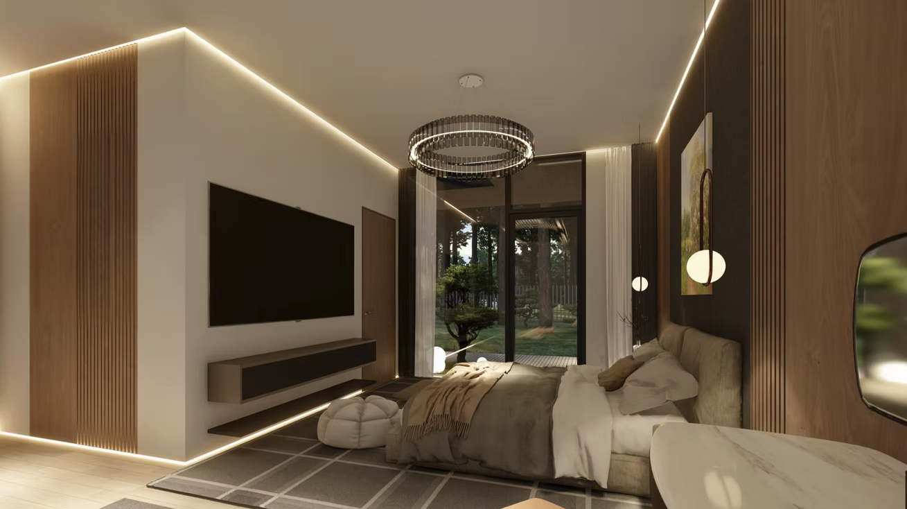 Modern bedroom with a large bed, wall-mounted TV, and large windows showing an outdoor garden with trees and a bonsai tree. The room features wood paneling, LED strip lighting, and a circular chandelier.
