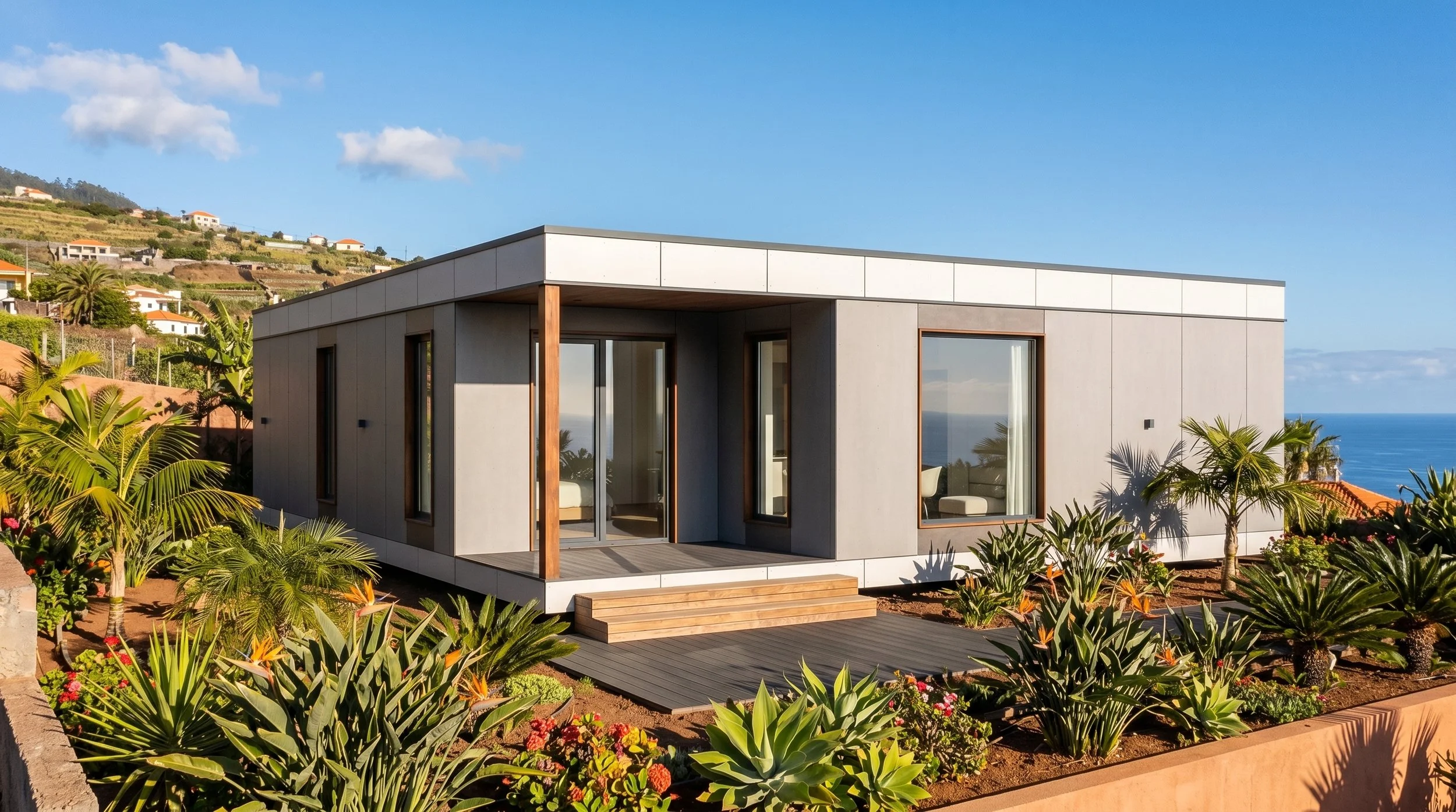 Modern house with large windows overlooking the ocean, surrounded by tropical plants and landscape.