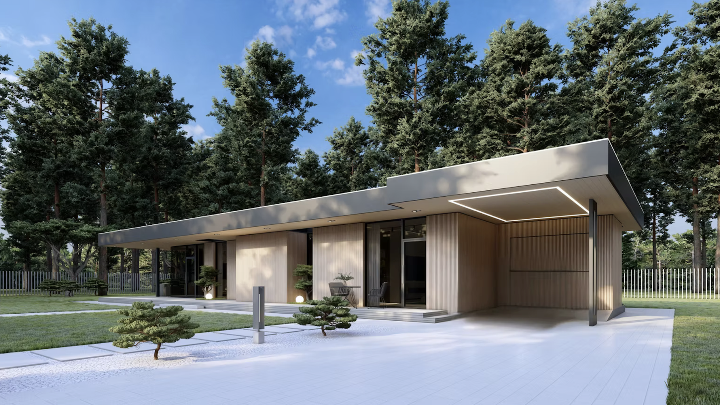 Modern house with flat roof in a landscaped yard with trees and bushes, surrounded by a metal fence.