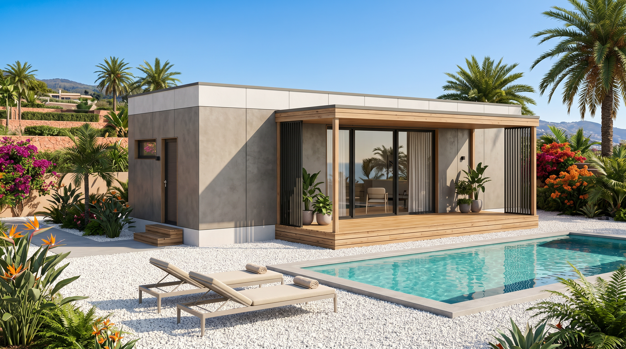 Modern small house with a wooden patio, large glass sliding doors, and tropical plants surrounding a swimming pool under a clear blue sky.