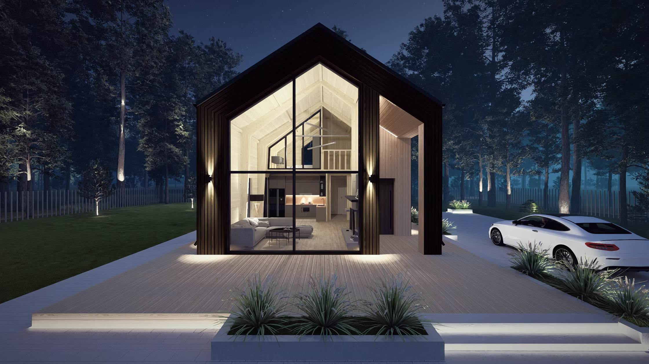 Modern two-story house with large glass front, illuminated at night, surrounded by trees, with a white sports car parked outside, and outdoor lighting highlighting the landscaping.