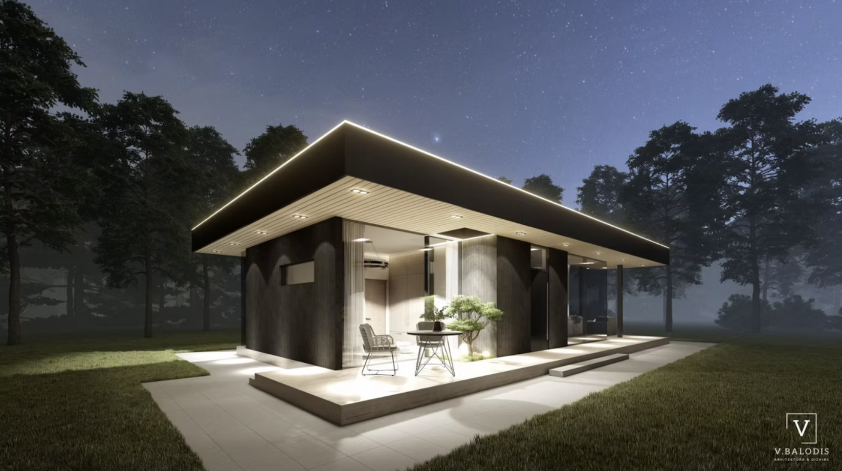 Modern house with flat roof illuminated by exterior lighting, surrounded by trees at night, with outdoor patio and garden.